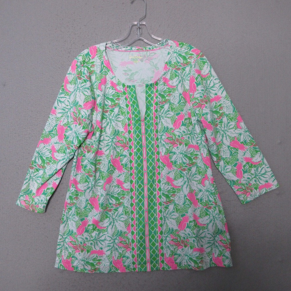 Lilly Pulitzer Karina Tunic Green Pink Floral Bird Just Wing It Bright Nylon